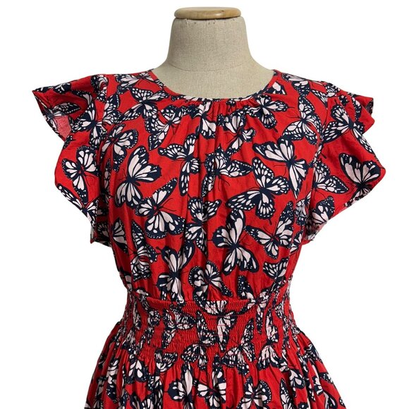 Kate Spade Women's Medium Red Butterfly Print Smocked Waist Flutter Sleeve Dress - Picture 6 of 12